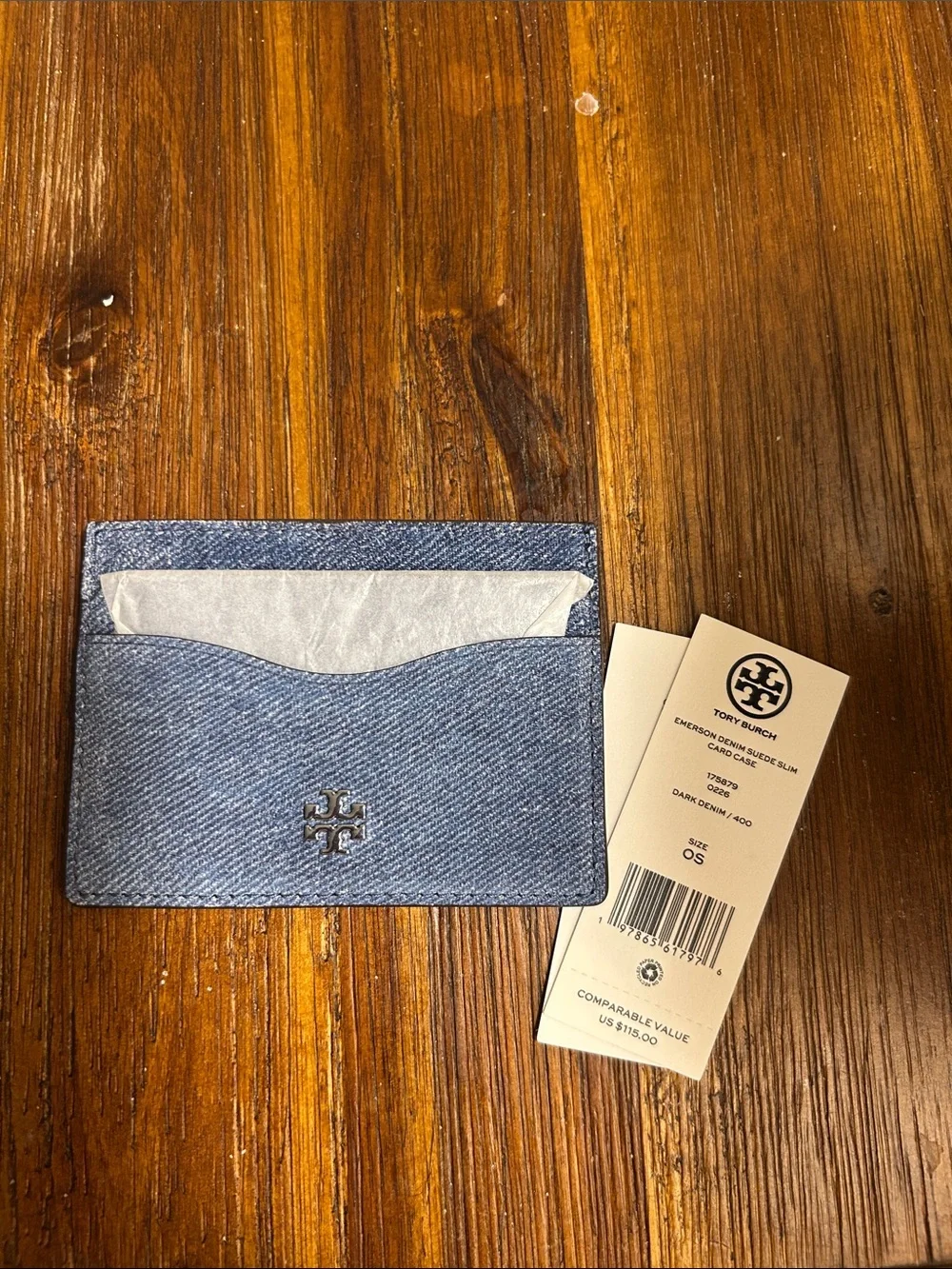 NWT Tory Burch Emerson Denim Suede Slim Card Case